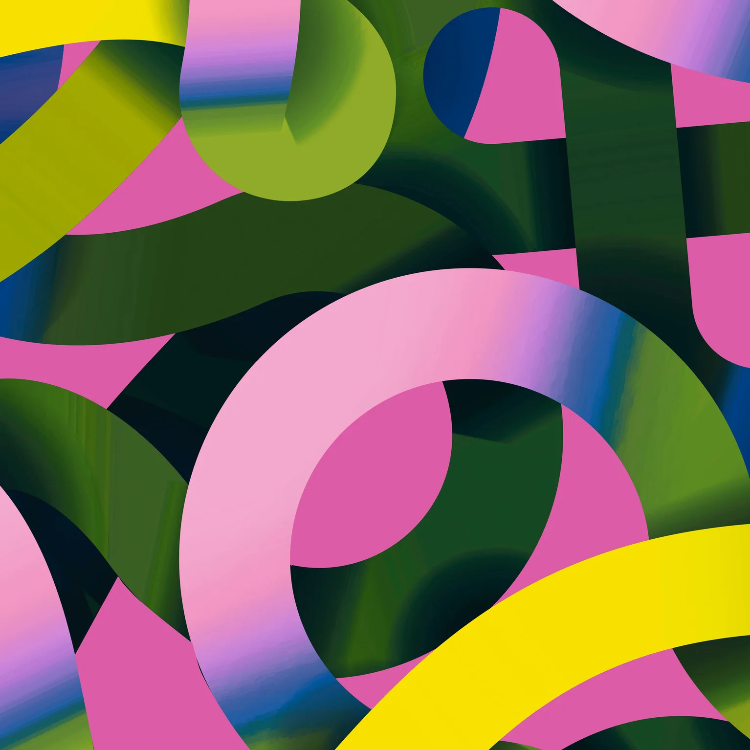 Ein dynamisches buntes Visual mit Schlangenlinien in grün, pink und gelb