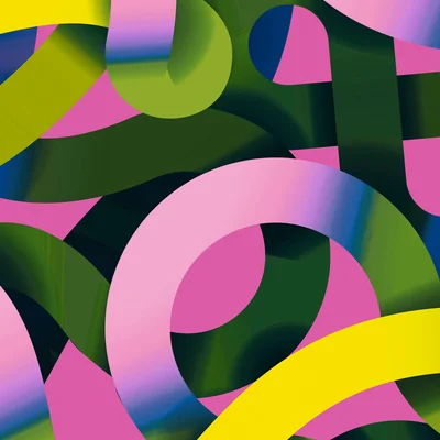 Ein dynamisches buntes Visual mit Schlangenlinien in grün, pink und gelb