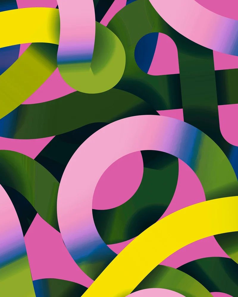 Ein dynamisches buntes Visual mit Schlangenlinien in grün, pink und gelb