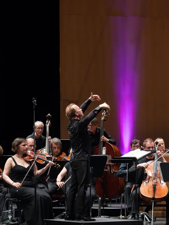 Ein Orchester spielt auf der Bühne, der Dirigent steht mit gehobenen Armen vor den Musikern.