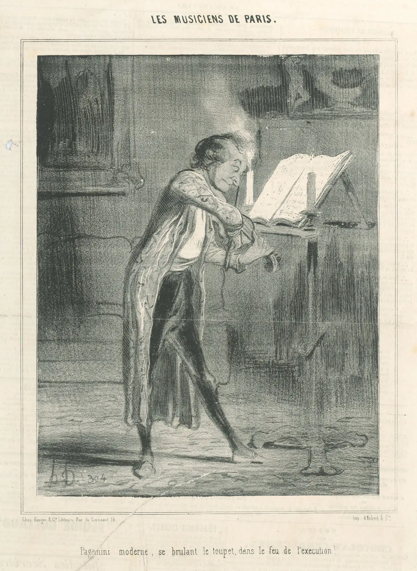 „Paganini modern – das Feuer der Ausführung entzündet die Haarpracht.“ Karikatur von Honoré Daumier, 1843.