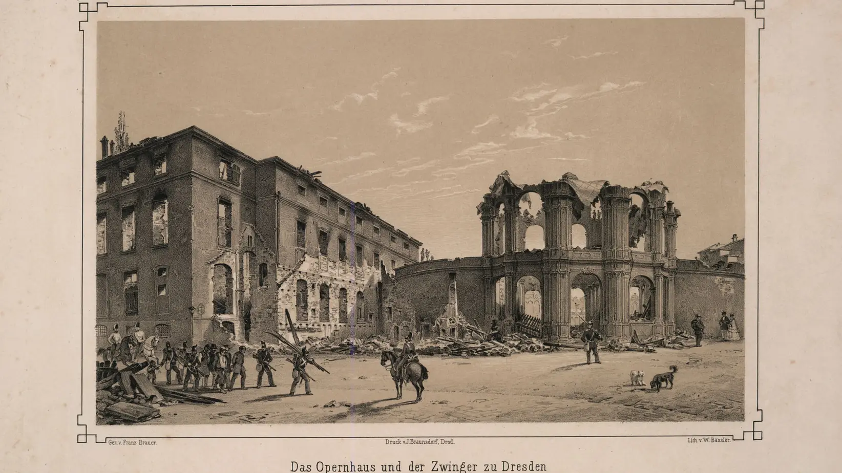 Illustration des Dresdner Opernhauses nach den revolutionären Maiaufständen 1849.