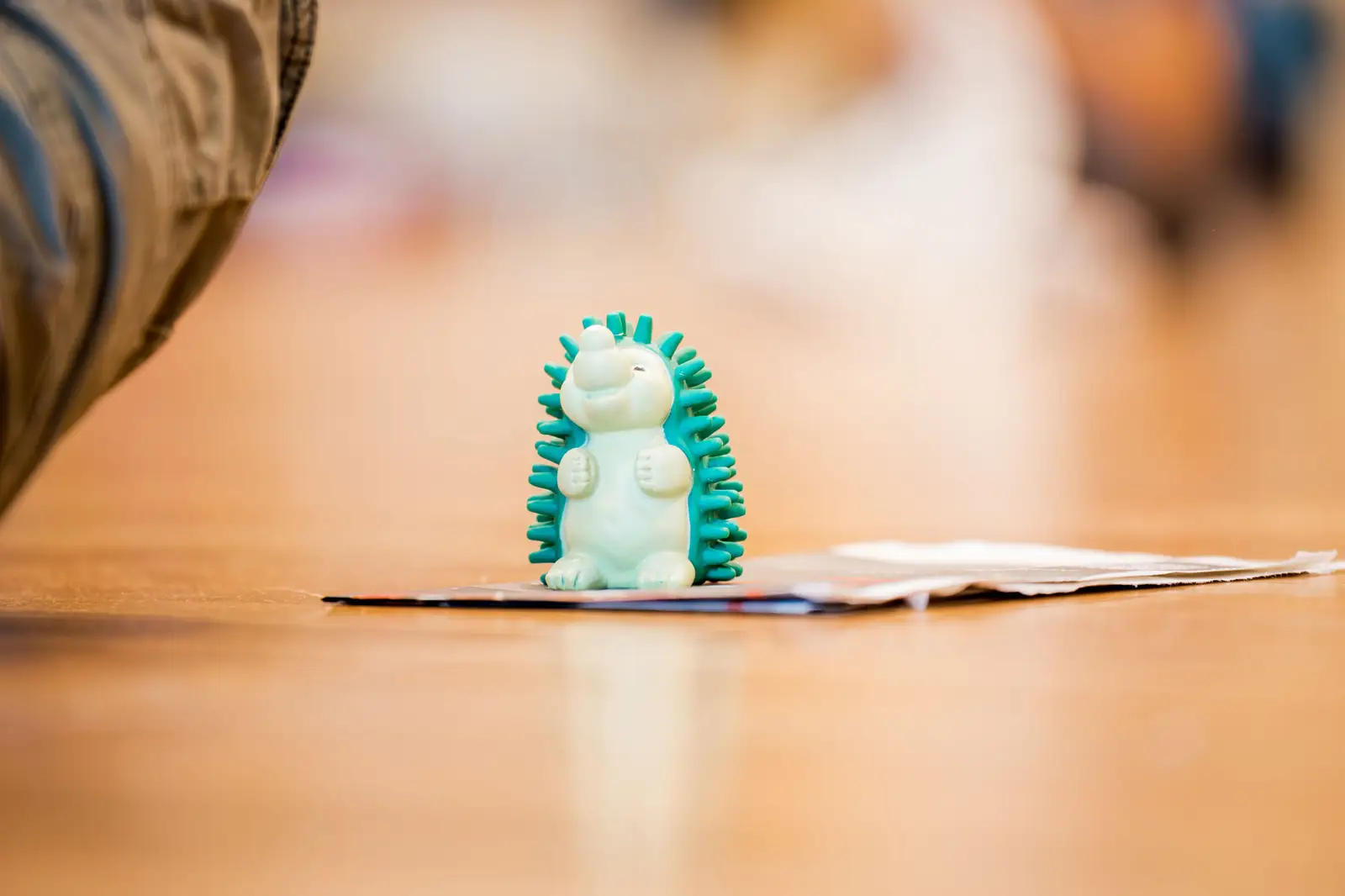 Ein kleiner Igel als Spielzeug auf dem Boden.