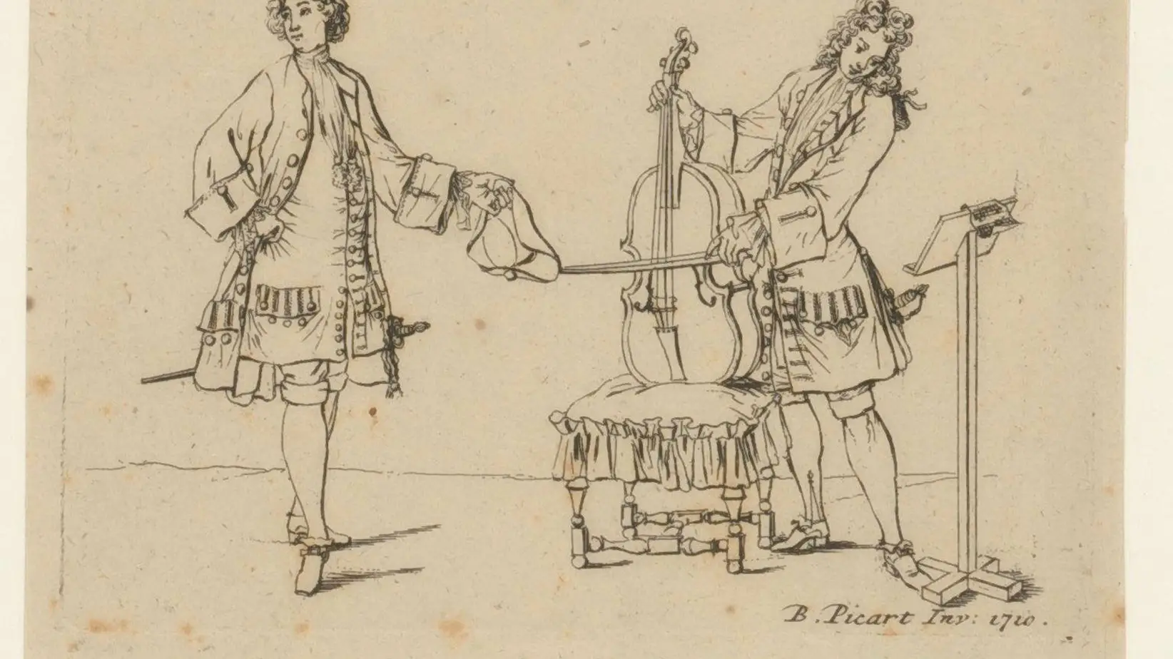 Eine Zeichnung aus dem Jahr 1710 von zwei Personen, die Musik spielen vor Publikum.