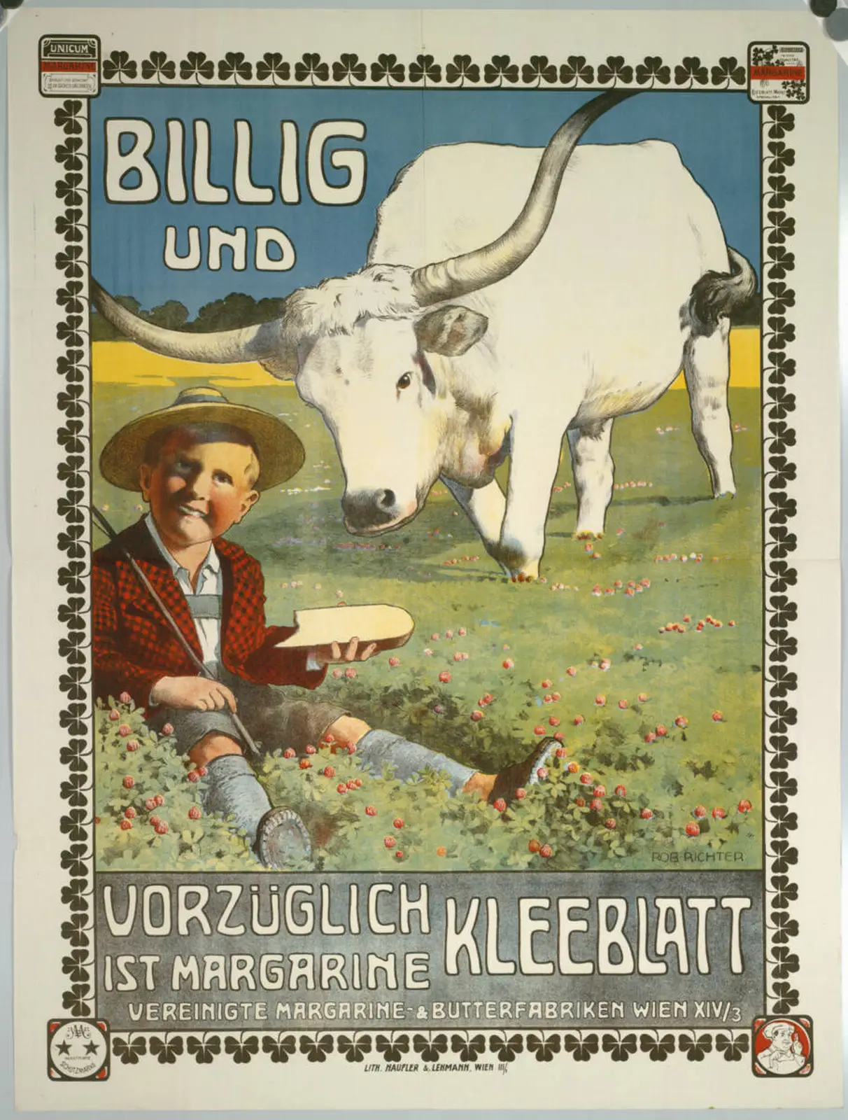 Affiche publicitaire montrant un homme en tenue traditionnelle tenant de la margarine, avec un bœuf blanc à côté dans un champ.