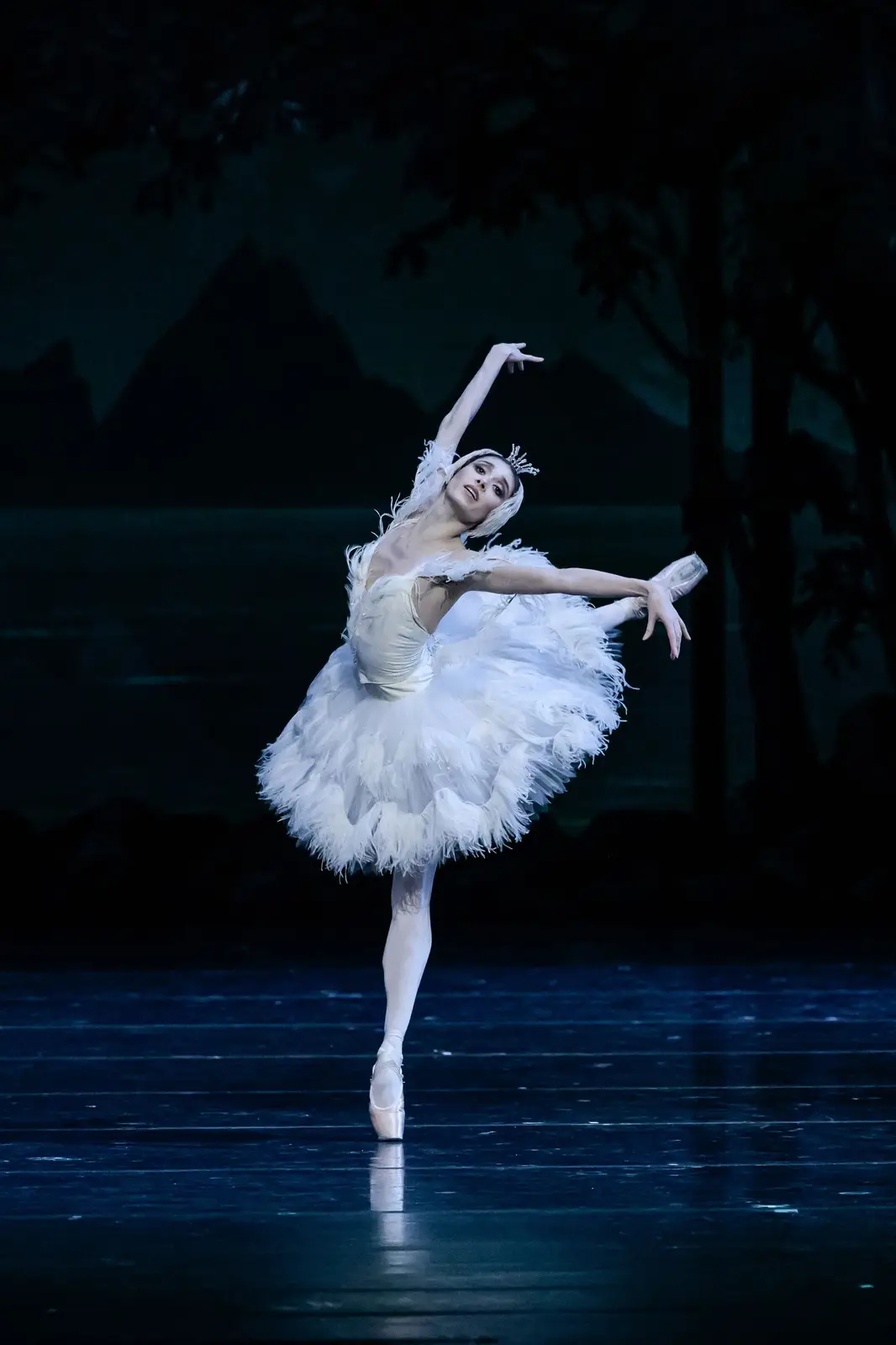 Une ballerine en tutu blanc danse élégamment sur scène, un bras levé et sur la pointe des pieds.