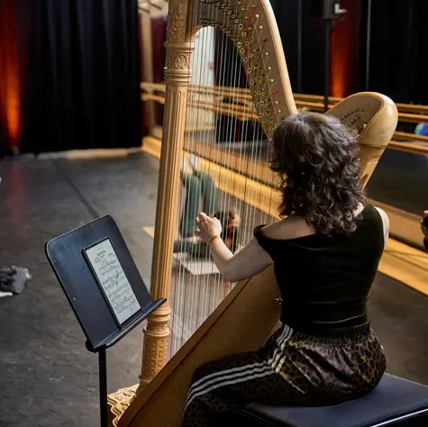 Eine Frau spielt Harfe auf einer Bühne, während mehrere Personen auf Matten Pilates ausüben. Die Atmosphäre ist entspannend.