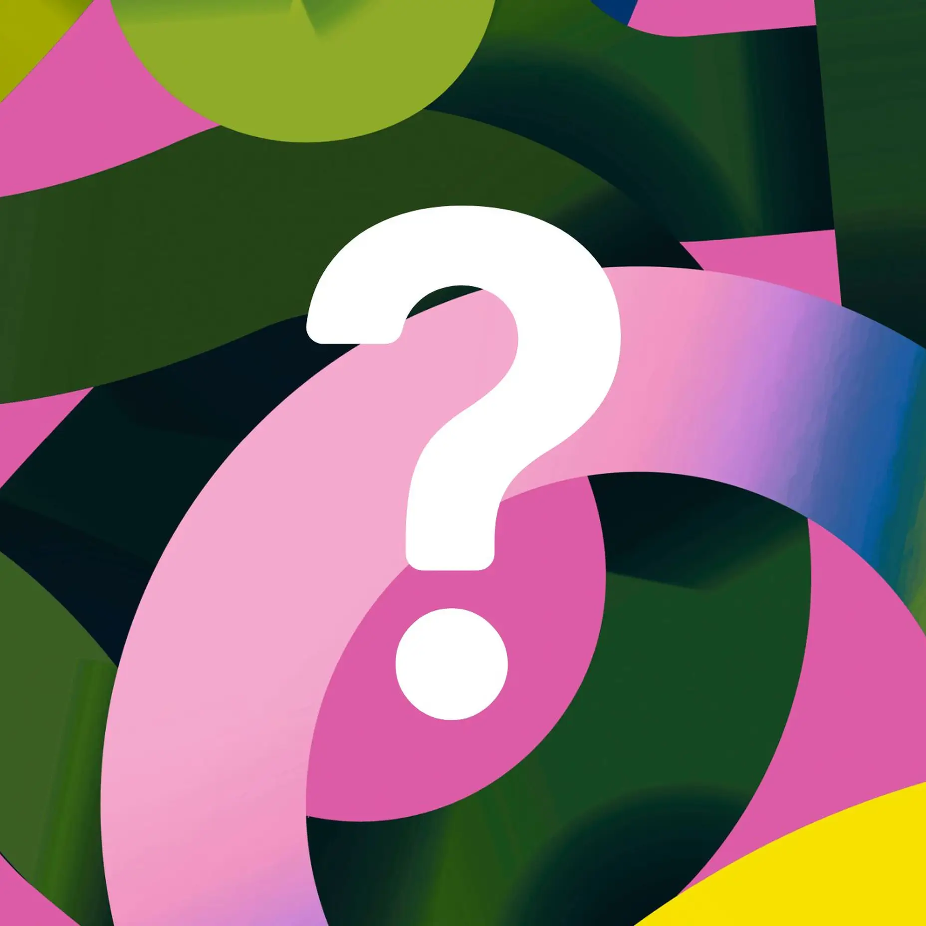 Ein lebhaftes, abstraktes Kunstwerk mit geschwungenen Formen in Rosa, Grün und Gelb. Im Mittelpunkt steht ein großes, weißes Fragezeichen.
