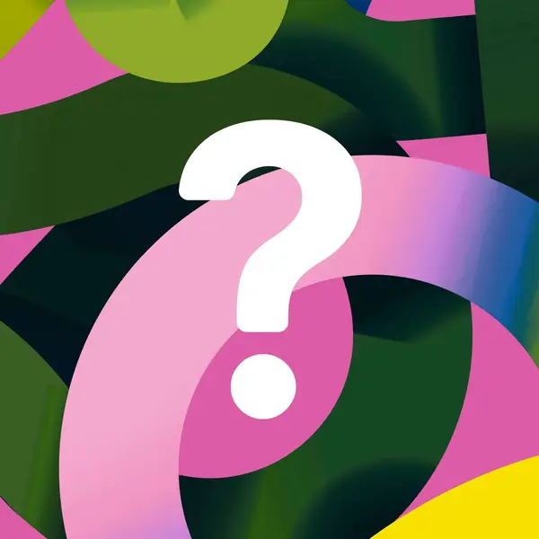 Ein lebhaftes, abstraktes Kunstwerk mit geschwungenen Formen in Rosa, Grün und Gelb. Im Mittelpunkt steht ein großes, weißes Fragezeichen.
