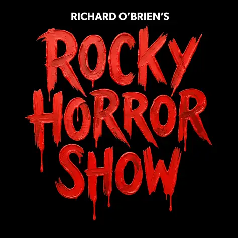 Das Bild zeigt den Schriftzug "Richard O'Brien's Rocky Horror Show" in stilisiertem roten Text auf schwarzem Hintergrund.