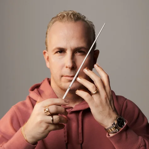 Yannick Nézet-Séguin in a pink hoodie holds a conductor's baton against a neutral background, with a focused expression.