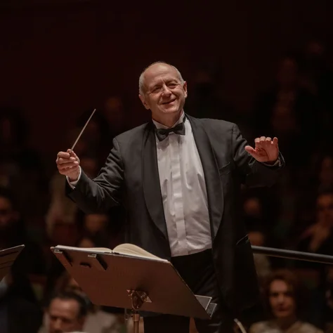 Ivan Fischer in formal attire leads an orchestra with a baton, while the audience listens attentively.