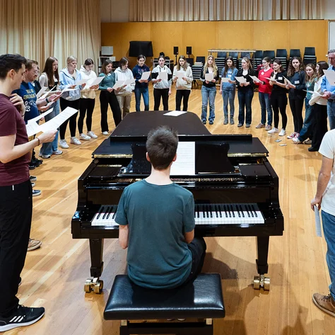 Eine Gruppe Menschen steht im Kreis um einen Flügel in einem Raum, während ein junger Mann am Klavier sitzt.