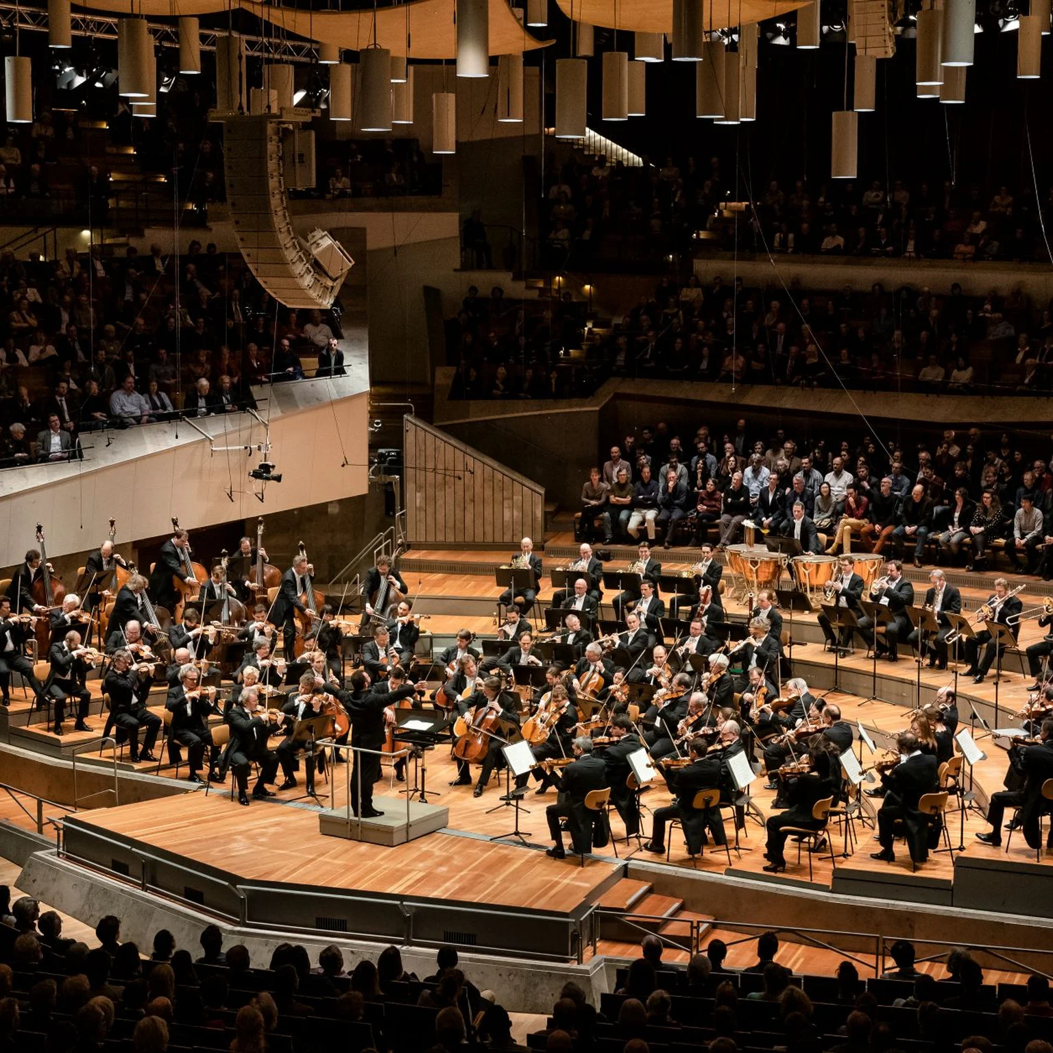 Die Berliner Philharmoniker spielen in einer großen Konzerthalle. Viele Menschen sitzen im Publikum und lauschen der Darbietung.