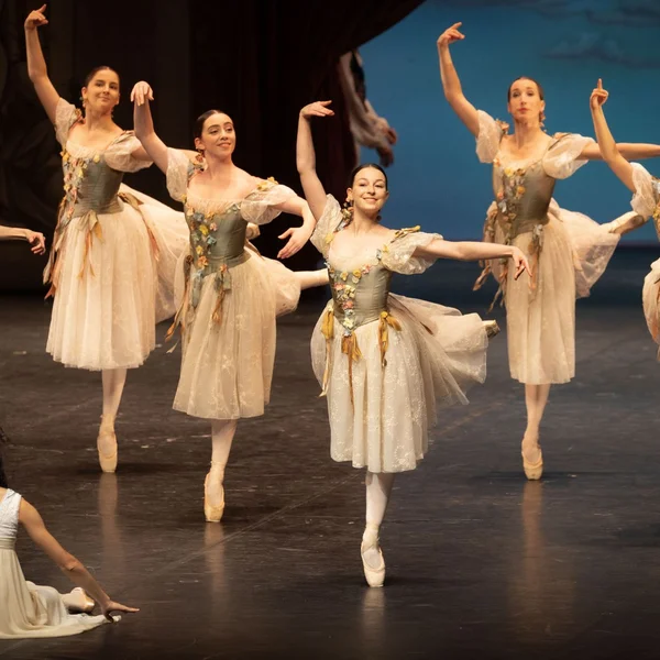 Balletttänzerinnen in eleganten, cremefarbenen Kostümen führen eine synchronisierte Aufführung auf der Bühne auf. Eine sitzt vorne und beobachtet.