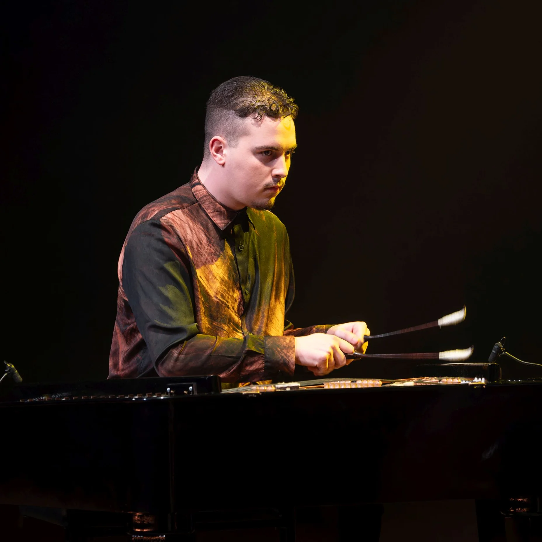 Áron Horváth spielt konzentriert auf einem Vibraphon auf einer stimmungsvoll beleuchteten Bühne. Er trägt ein gestreiftes Hemd.