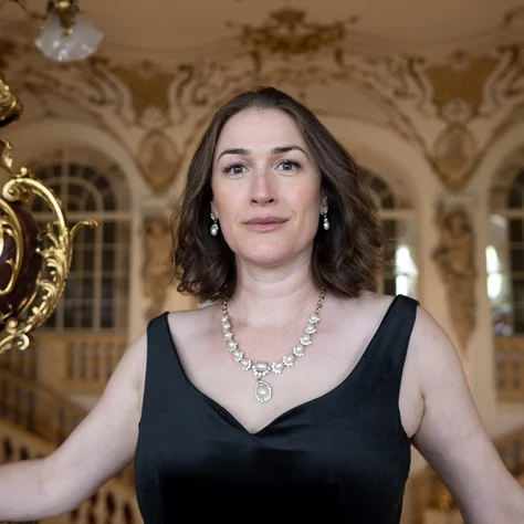 Erica Eloff in einem eleganten schwarzen Kleid steht in einem opulenten Raum mit kunstvollen goldenen Verzierungen.