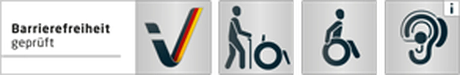 Symbole zur Barrierefreiheit. Gehhilfe, Rollstuhl, Gehörschutz. Mit Text "Barrierefreiheit geprüft".