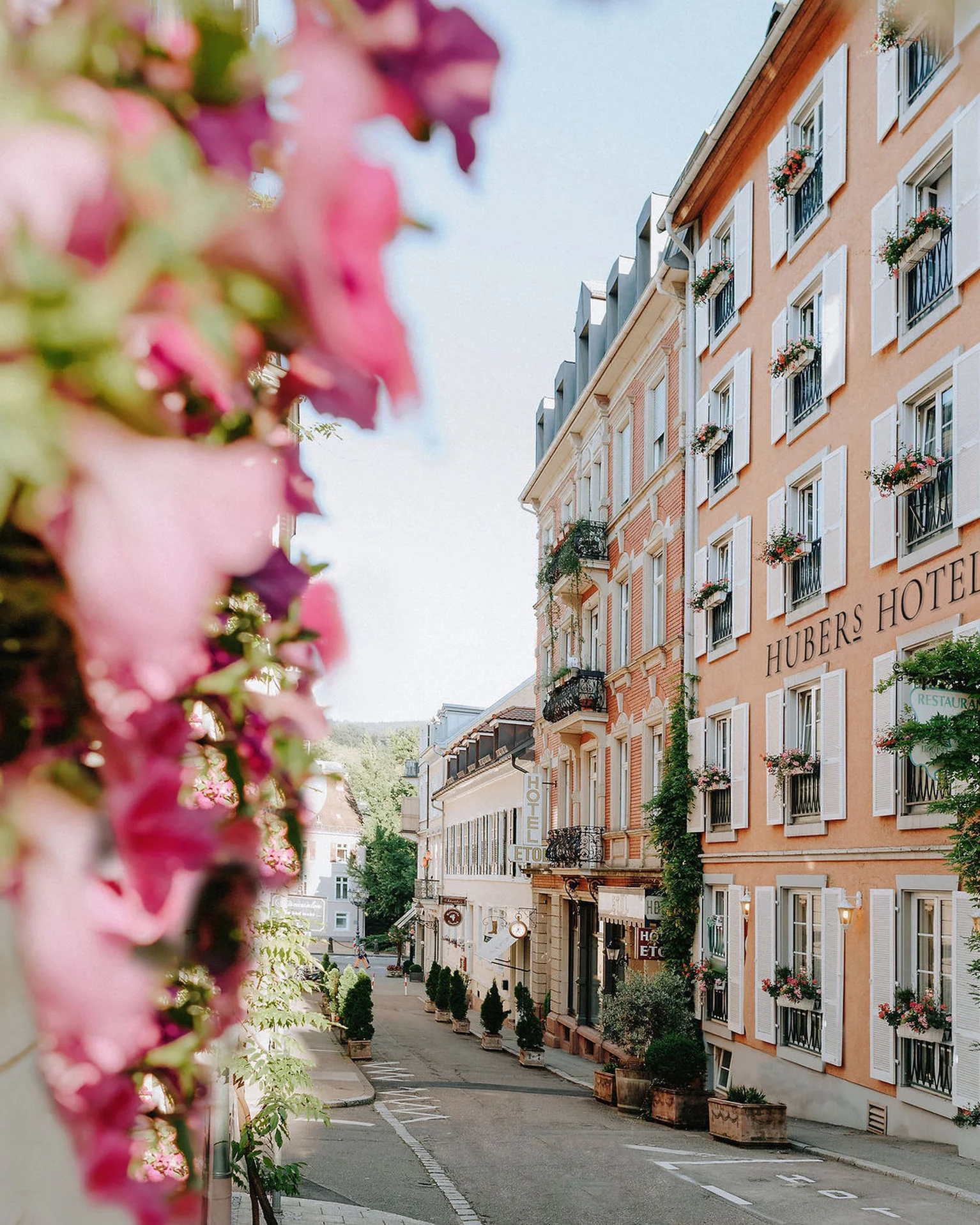 Eine malerische Straßenansicht mit blühenden Blumen im Vordergrund und einem charmanten Hotelgebäude auf der rechten Seite.