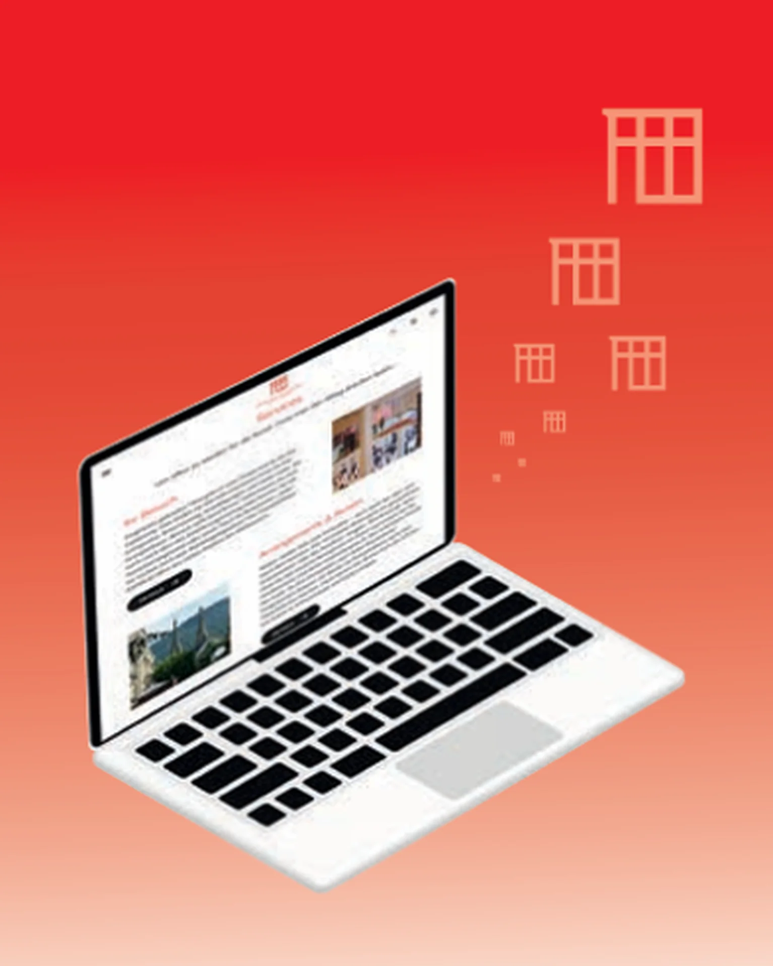 Ein Laptop mit geöffneter Webseite auf einem roten Hintergrund. Die Seite zeigt Text und Bilder.
