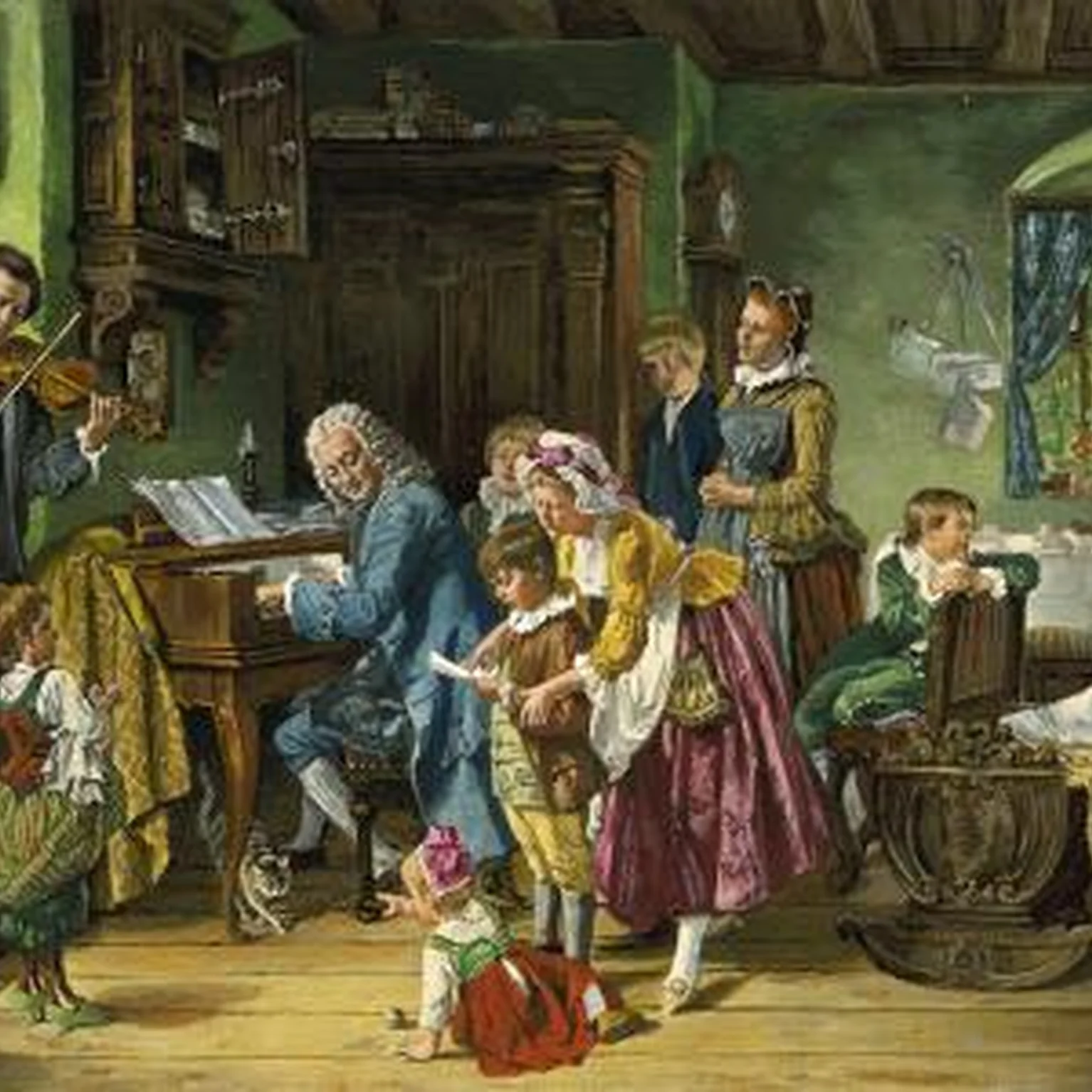 Bild der Familie von Johann Sebastian Bach. Viele Kinder und Trubel sind zu sehen.